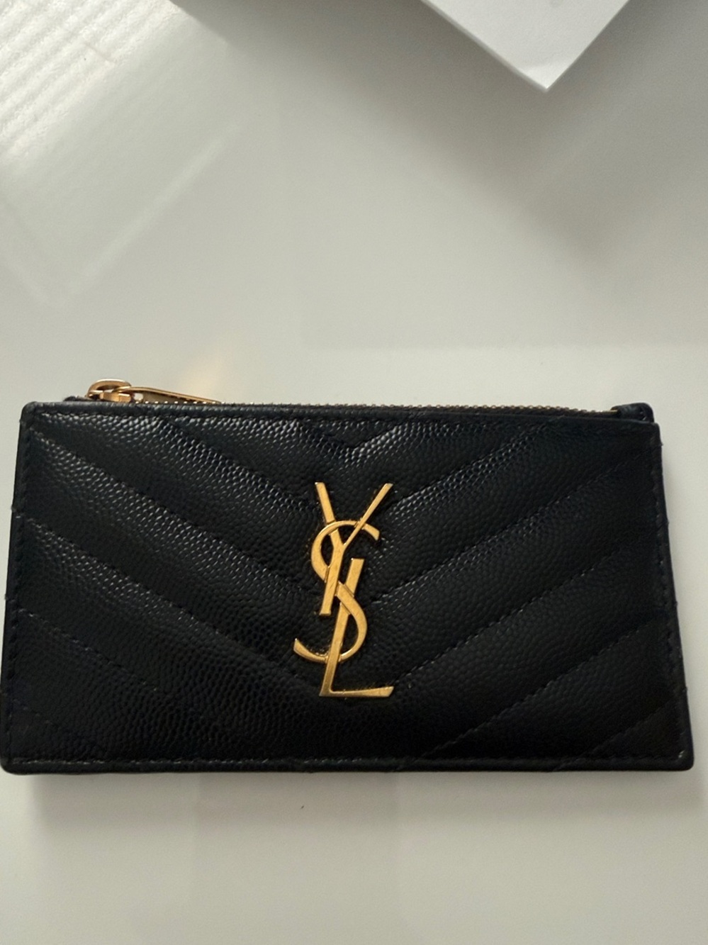Saint Laurent YSL Monogram Small Ziptop Card Case in Grained Leather w/Dust Bag